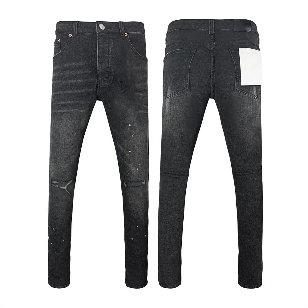 Jeans Men Fashion Classic style Retro Wash black paint Hole Repair Low Rise Stretch Skinny Pleated Ripped Frayed Jeans Trousers — image 13