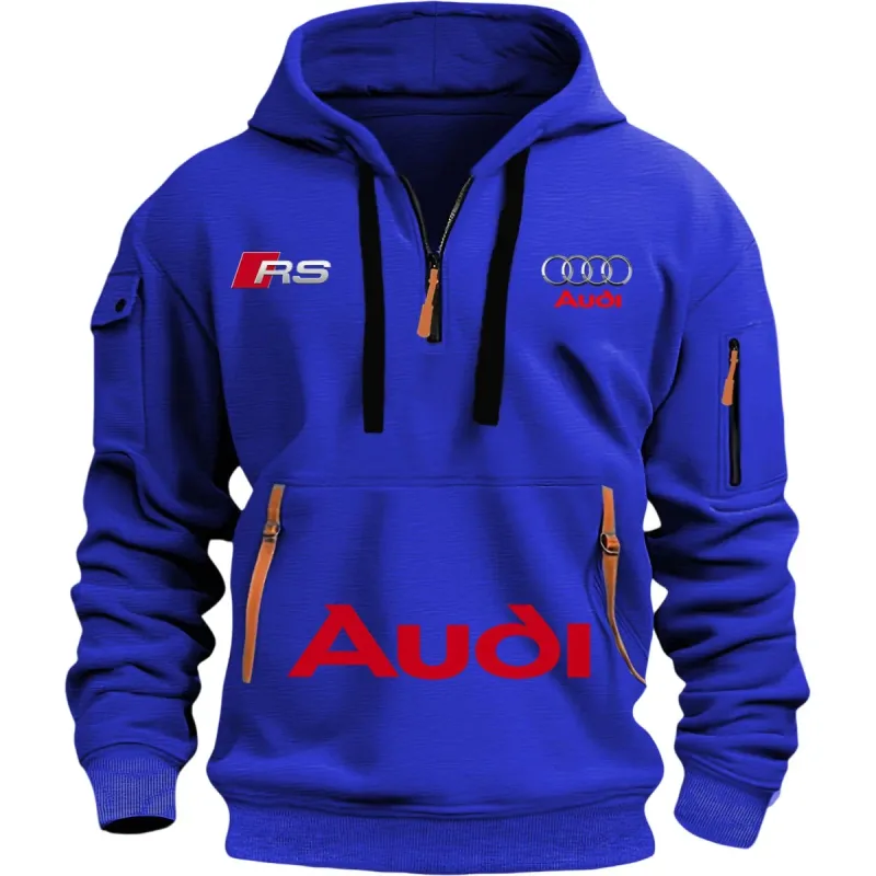 เสื้อผ้า Sporty Audi เหมาะสำหรับผู้ชาย ชุดปั่นจักรยานสไตล์กีฬากลางแจ้ง เสื้อสเวตเตอร์มีฮู้ดพิมพ์ลายสตรีทพร้อมปีกหมวก