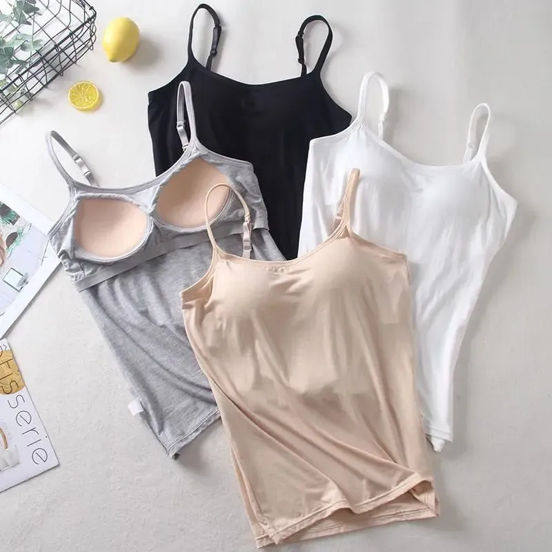 2020 Women Solid Tank Tops Adjustable Strap Built In Cup Padded Wireless Camisole Camis Vest Female Home Basic Tank Top