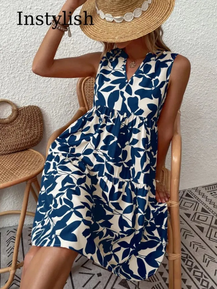 Dámské Boho potisk minišaty léto elegantní bez rukávů s výstřihem do V volán do tílka ležérní volné oversize plážové šaty na párty — image 6
