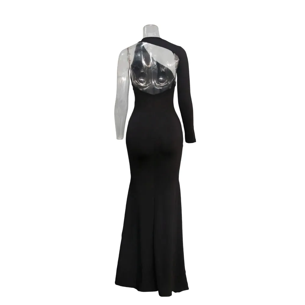 Spring Fall Longuette Long-sleeved Elastic Force Single Sleeve Slim Long Women's Dress