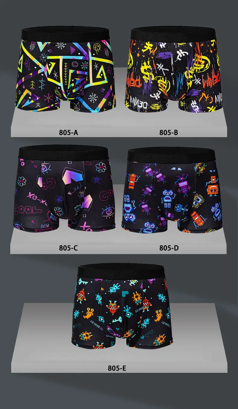 5-pcs Men's trendy graffiti, pixel, cyberpunk print boxer underwear, comfortable and casual and fashionable boxer