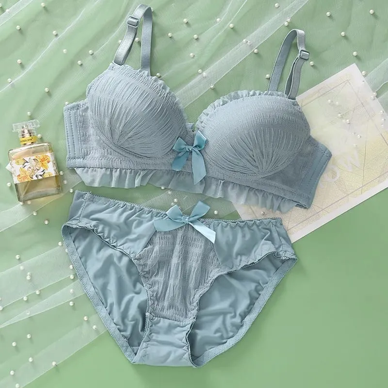 Women's Underwear Lace Sexy Soft Gathering Push Up Comfort Wireless Beauty Back Cute Ladies Bra and Panty Female Lingerie Set