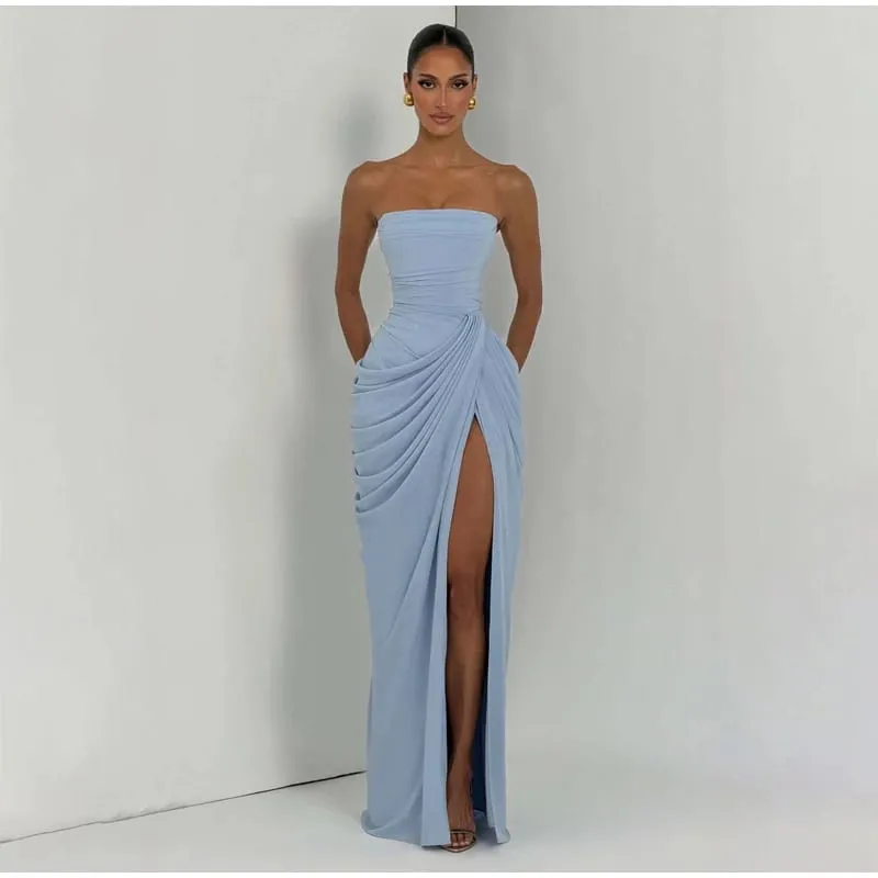 Dámské sexy jednobarevné plisované šaty dámské elegantní bez ramínek, bez ramínek, s vysokým pasem, rozděleným šatem 2026 letní večerní společenské šaty