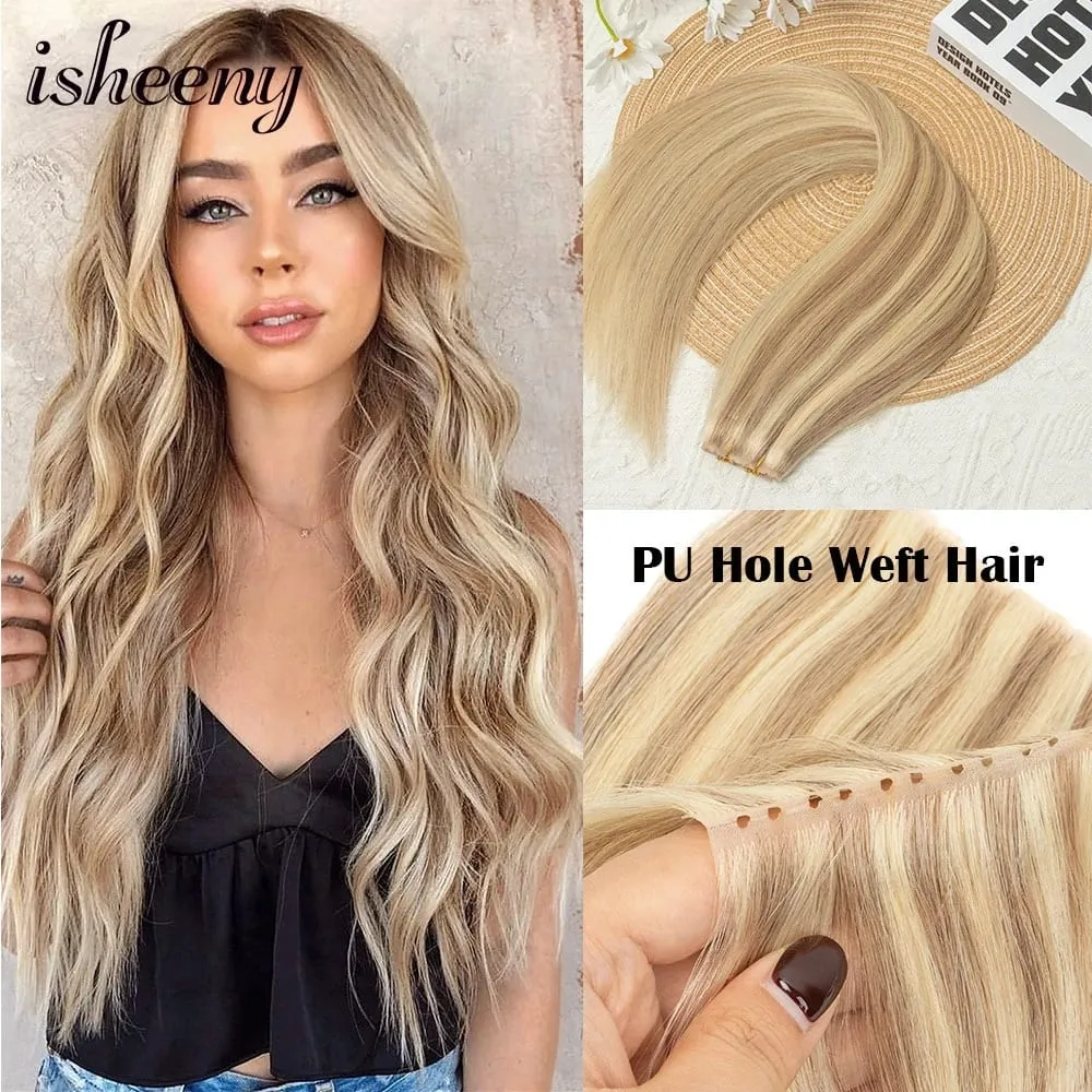 Double Inject XO Hole Weft Human Hair Extensions 12"-24" Invisible Twin Tab Weft Hair Natural Straight Pull Through Micro Hair