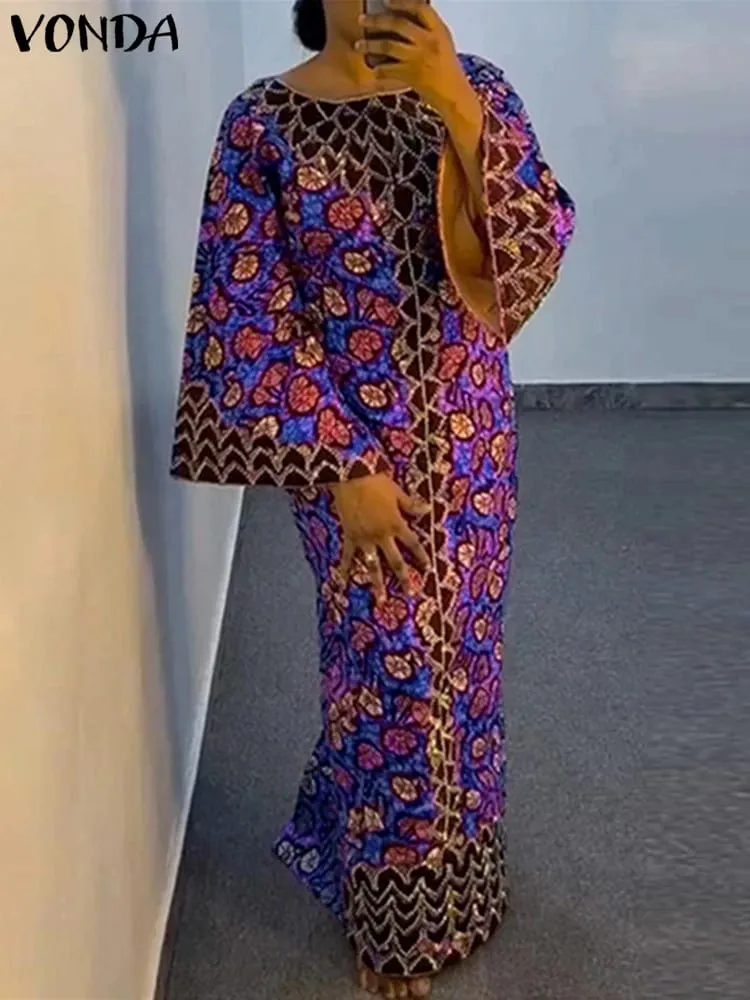 Bohemian Party Dress Elegant Women Printing Sundress Vintage Flare Long Sleeve Maxi Vestidos Oversized O-Neck Robe Femme
