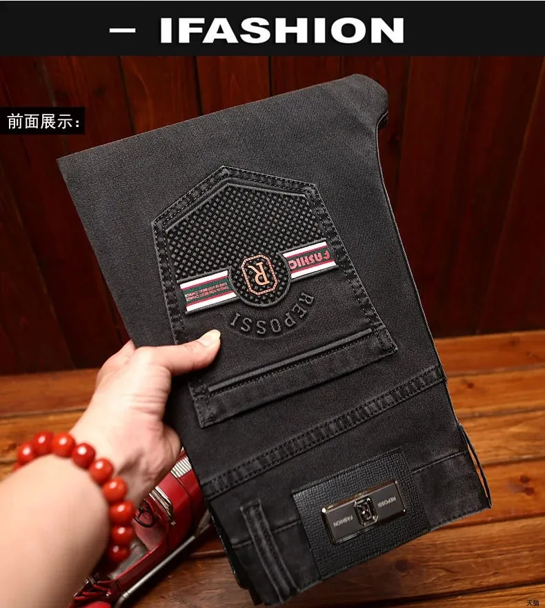 2025 new fashionable light luxury jeans for men trendy 3D printed design slim fit small feet elastic denim pants
