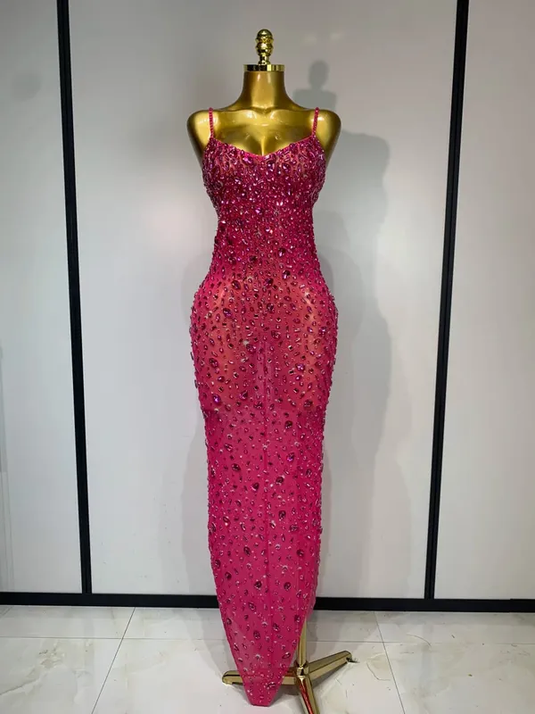 Luxury Rhinestones Sexy Mesh See Through Bodycon Dress Women Birthday Evening Cocktail party Gown Red Carpet Club Stage Outfit — image 10