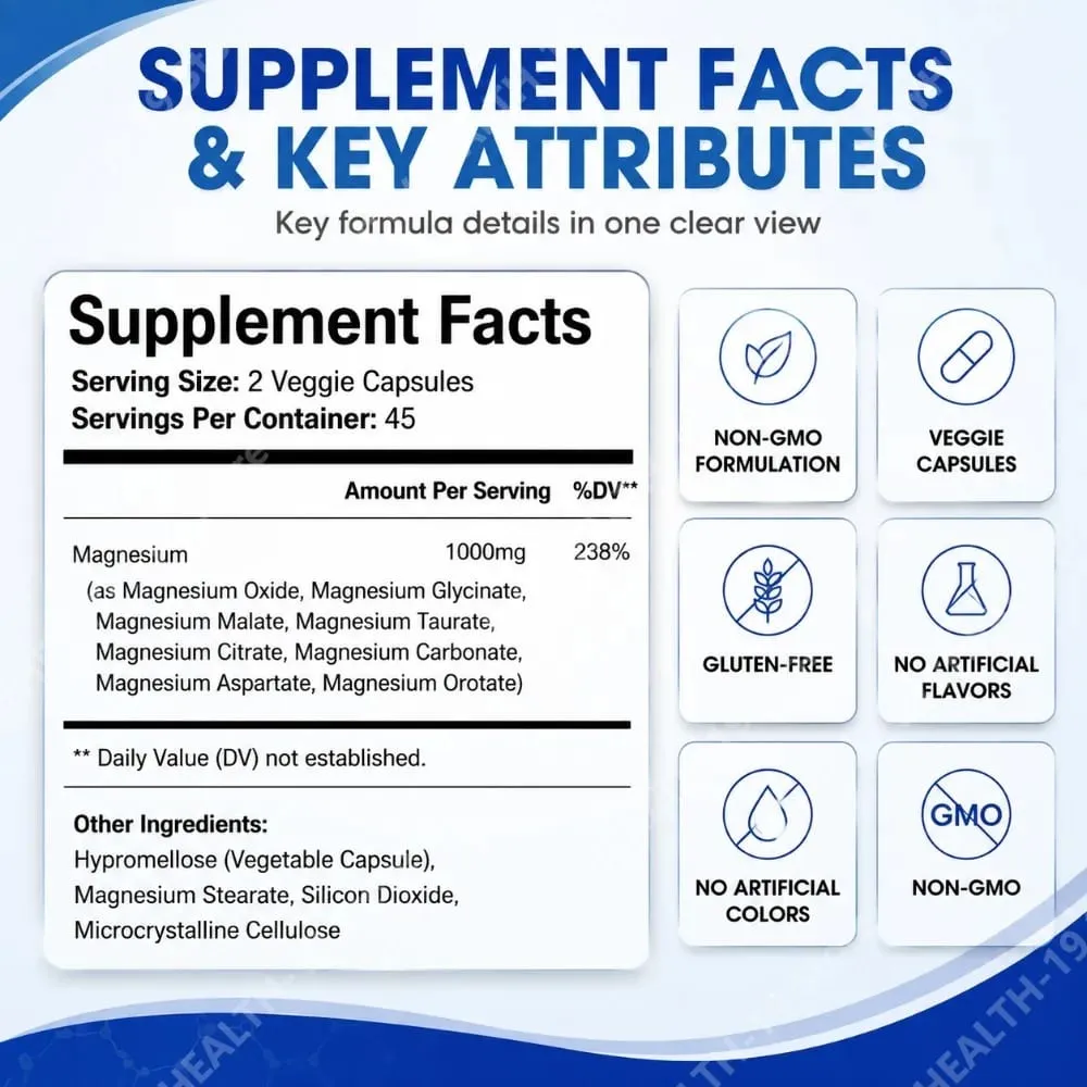 Magnesium Complex Capsules 8 Forms 1000mg Oxide Glycinate Malate For Sleep Bone Muscle & Wellness Support Adult 90 Count — image 3