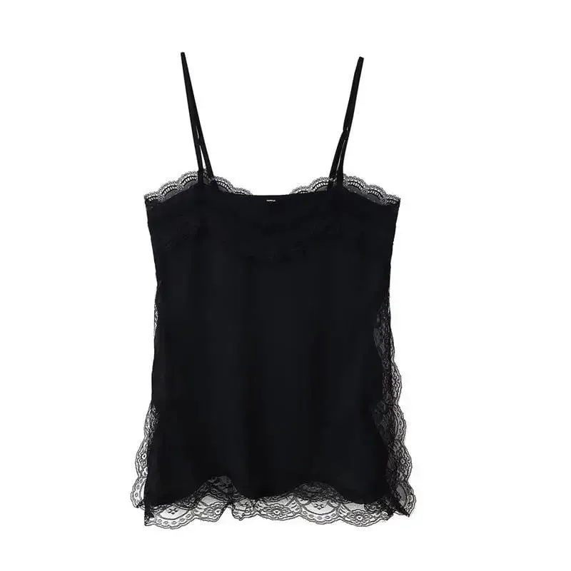 Bruin Satijn Kant Splicing Sling Jurk Vrouwen Elegante Onregelmatige Zoom V-hals Backless Mouwloze Jurk Chic Vrouwen Party Club vestidos