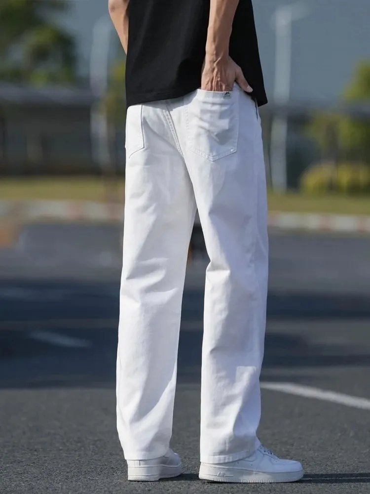 100%Cotton Fashion Loose Jeans Men's Spring Summer Thin Straight Washed Breathable White Denim Pants Casual Business Trousers
