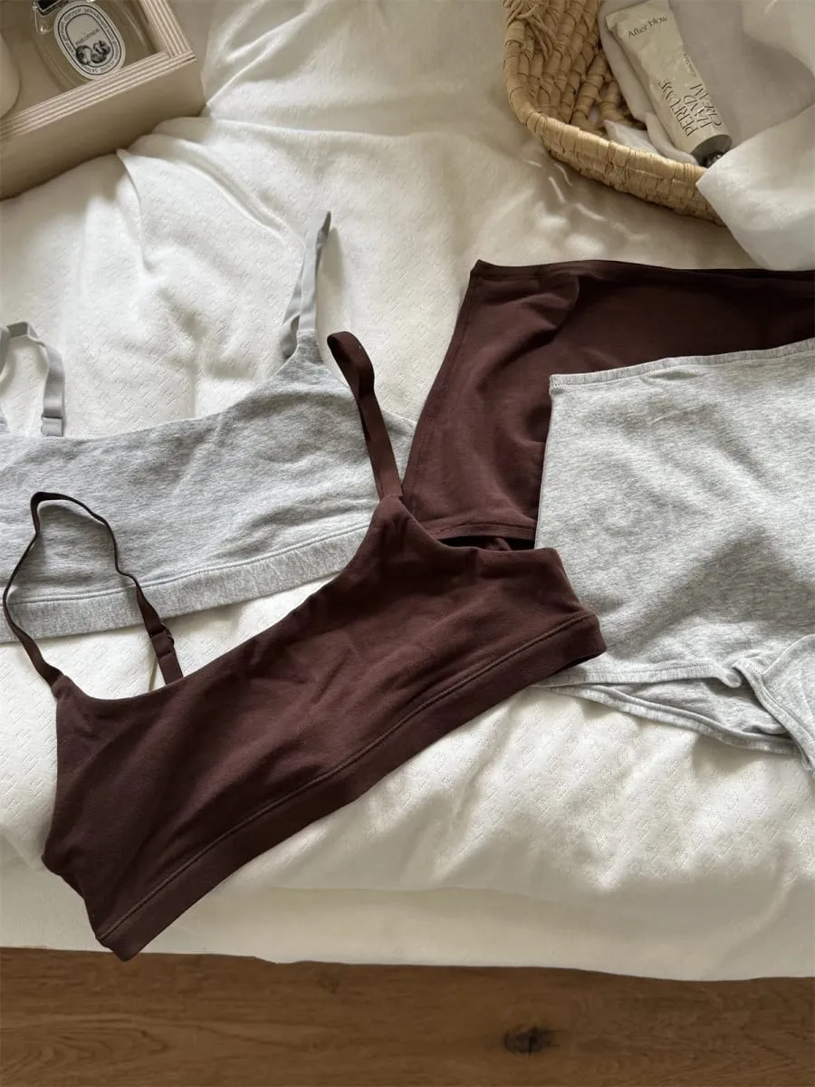 Solid Cotton Sport Set Woman Adjusted-strap Seamless Bras+Low Waist Boxer Briefs Casual Simple High Elasticity Lingerie Sets