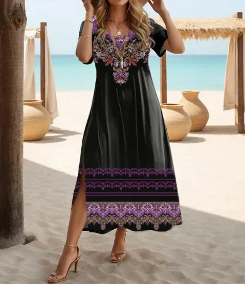 Ethnic Bohemian floral print casual vacation short-sleeved large-size dress — image 5