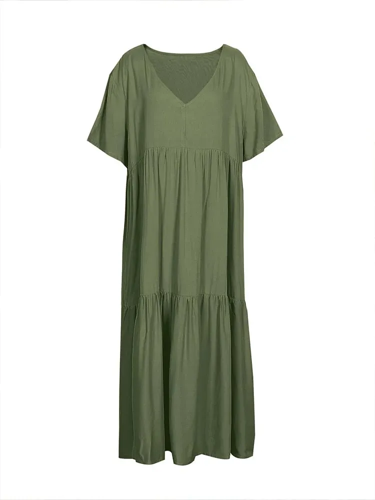 plus Size Women's Casual Loose V-Neck Solid Long Dress Spring Summer Pleated Big Size Women's Dress