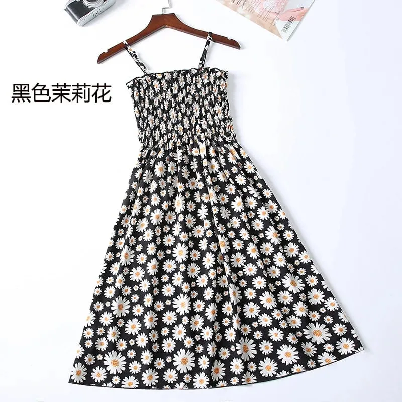 ฤดูร้อนมินิเดรสแฟชั่นหญิง Elastic High เอว Casual สปาเก็ตตี้สายคล้องคอผู้หญิงชุดชีฟอง Vestidos