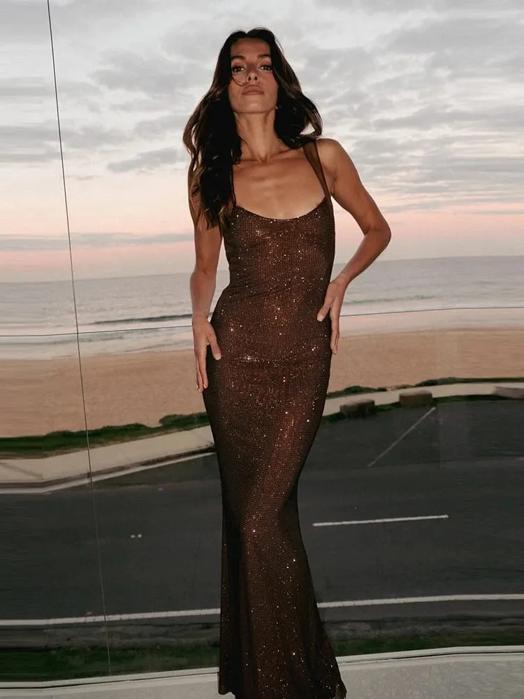Robe longue en maille, col carré, Sexy, Patchwork de diamants, dos nu, strass brillants, robes Slim, robes de soirée, de Cocktail