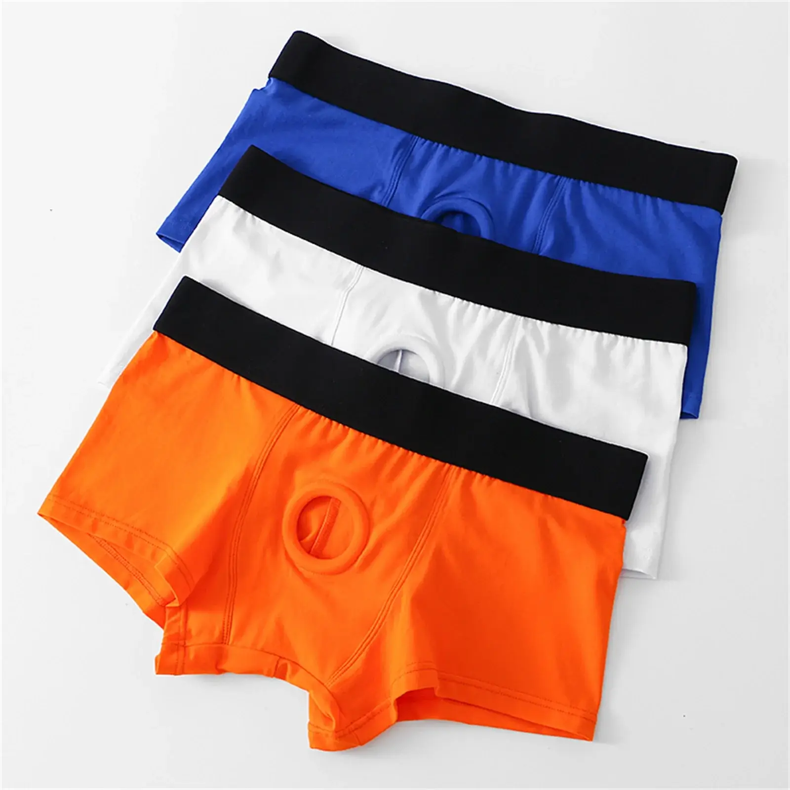 Herren-Boxershorts mit Vorderloch-Beutel, Unterwäsche, Silikon-Cockring, sexy Boxershorts, breiter Bund, Baumwollunterhose, aushöhlen, Dessous
