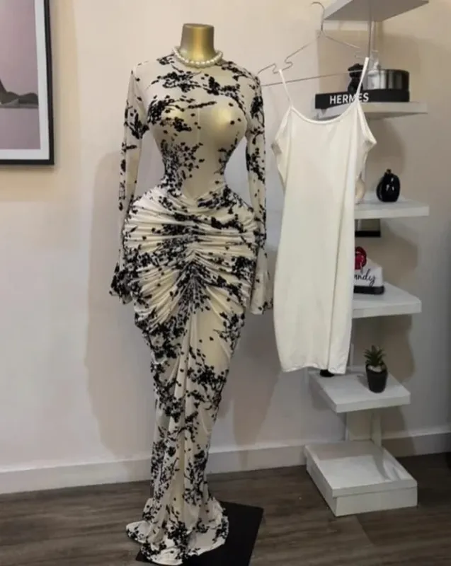 CM.YAYA 2025 Women Long Sleeve Ruched Mesh See Though with Lining Bodycon Long Dress Fall Evening Birthday Sexy Party Dresses