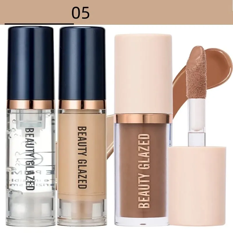 3pcs Face Makeup Set Liquid Foundation+Primer+ Liquid Contour Natural Weightless Long-wearing Smudgeproof Bronzer