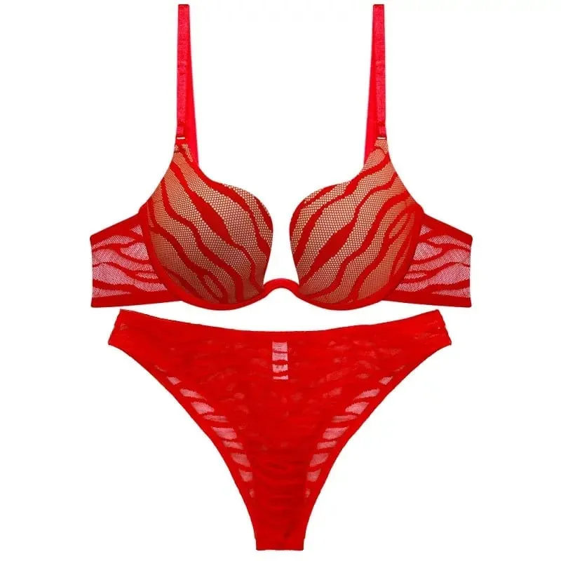 Women Sexy Push Up Bra Set Elegant Zebra Stripes Thin Lingerie Underwear See Through Bra and Panty Set