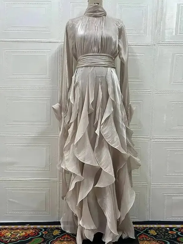 Early Autumn Turtleneck Lantern Sleeves Shinny Ruffles Pullover Floor Length Vacation Dress High Waist Female Vestido