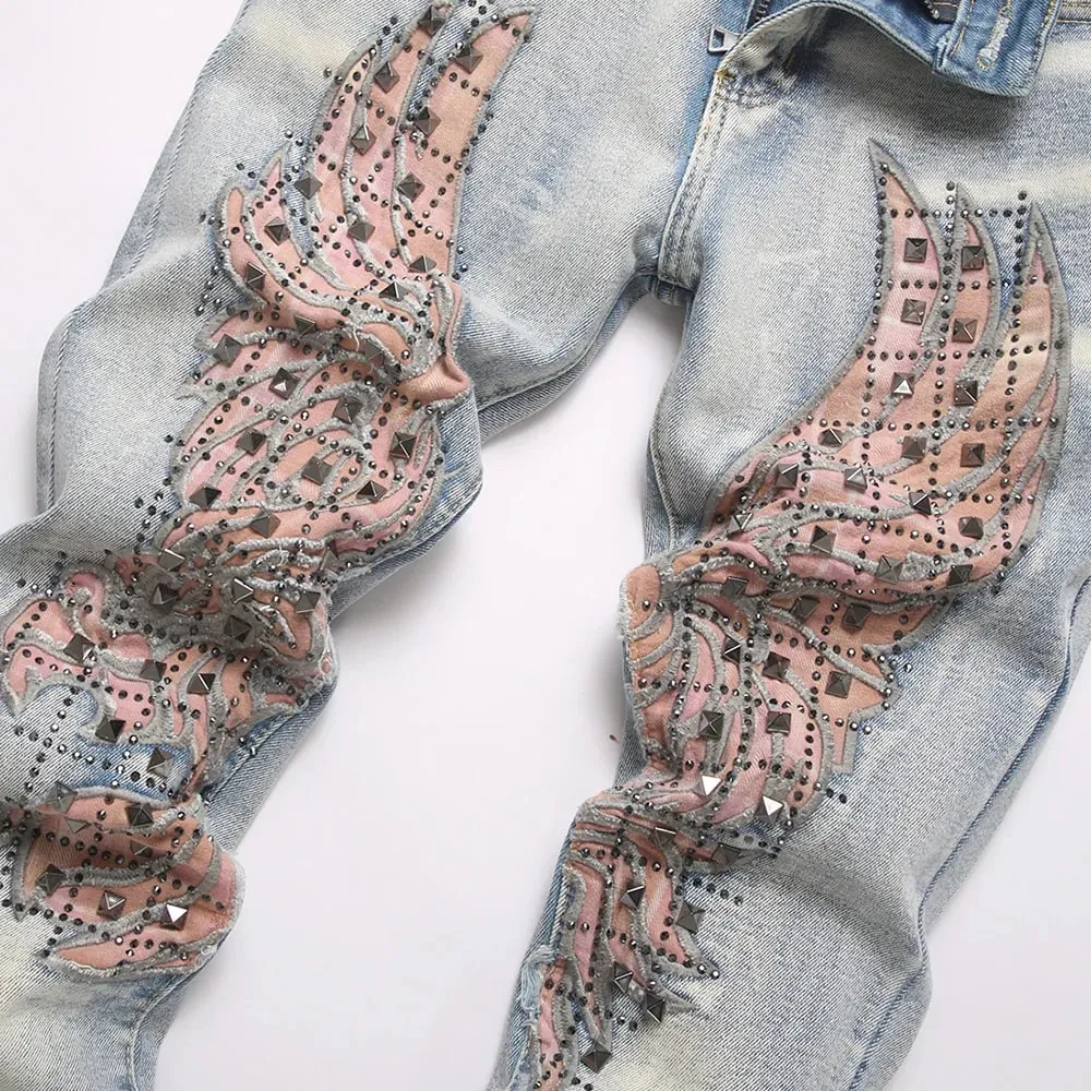 Men's Wing Patch Boot Cut Jeans Rivet Crystal Slim Flared Pants Embroidery Vintage Blue Denim Trousers