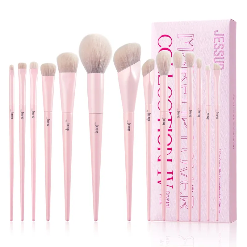Jessup Pink Berus Mekap Set 14pcs Berus Mekap Premium Vegan Foundation Blush Eyeshadow Liner Berus Campuran Serbuk T495