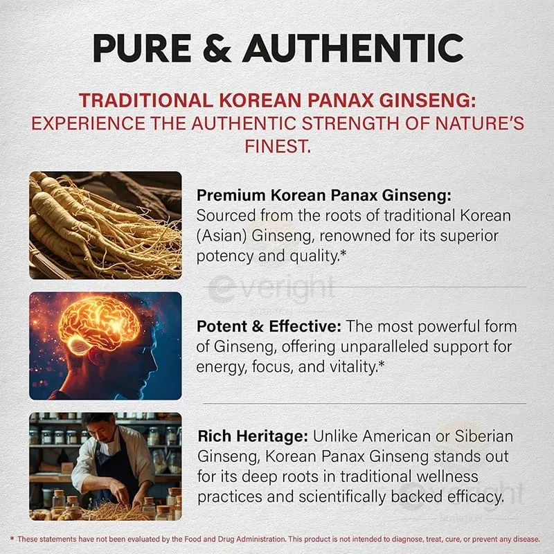 Red Korean Ginseng Supplement for Men - Extra Strength 10:1 Extract - Energy Focus Productivity Performance - Natural & Vegan