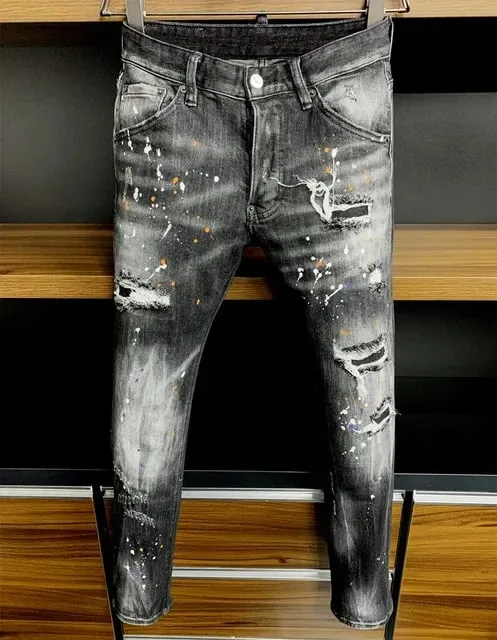 D2 Hombres Jeans Pantalones De Mezclilla Agujero Slim Lápiz Pantalones Botones De Metal Clásicos De Fiesta Moda Negro DSQ2 JENAS