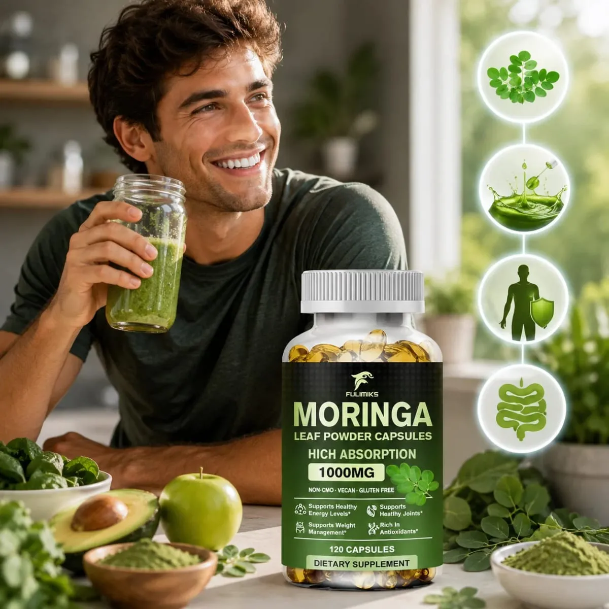 Natural Moringa 1000mg Supplement Supports Immune Defense Digestion Skin Joint Energy & Antioxidant Health
