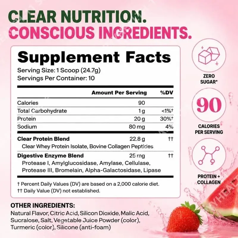 Clear Protein Powder with 20g Protein Per Serving Digestive Enzyme Blend and Bovine Collagen Peptides - 10 Servings