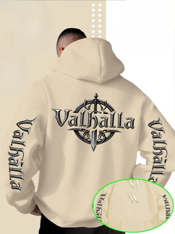 Street Style Loose Viking Valhalla Logo Bercetak Pedang Sweatshirt Bertudung untuk Lelaki, Sesuai untuk Musim Gugur dan Musim Sejuk.
