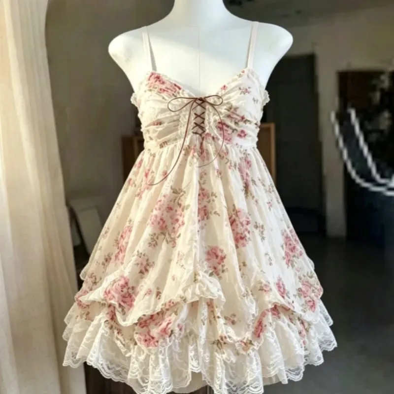 2026 Vrouw Japanse Zoete Kant Bloem Y2k Esthetische Bandage Grunge Jurken Harajuku Mouwloze Patchwork Vintage Jurk Chic