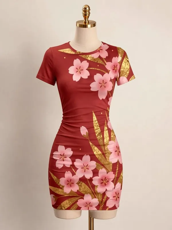 Womens Short Sleeve Bodycon Mini Dress Slim Fit Crew Neck Floral Print Casual Summer Party Cute Sweet Slimming Vacation Sundress