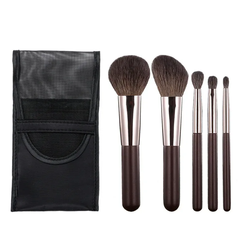 5 Pcs Mini Makeup Brushes Set Eye Shadow Foundation Powder Eyelash Lip Concealer Blush Nature Bristle Set Travel Portable Sof