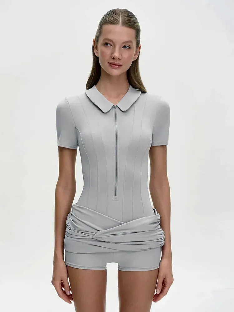Short Sleeve Zipper Sports Bodysuit Women Rompers Summer Casual Draped Ruched Slim Fit Fitness Bodysuits Female