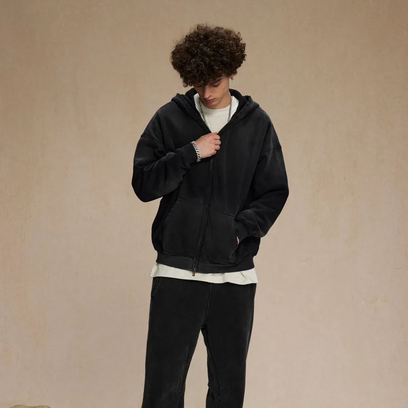 Zip Up hoodies herr Tie Dye Washed Double Oversize Cardigan Sweatshirt Lös Plush Plysch Gradient Man Huvtröjor Vinter