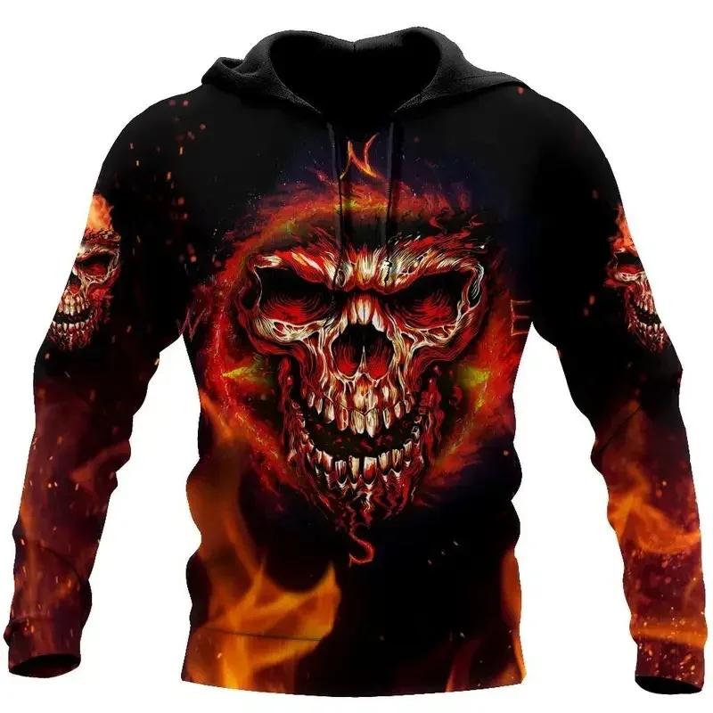 Men Hoodies 3D Print Horror Flaming Skull Graphic Fashion New Style Casual Pullover Personality Oversize Men Clothing Tops