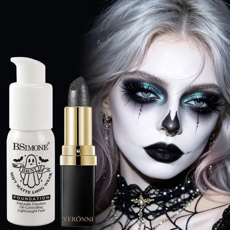 2pcs Set Black Diamond Glitter Lipstick & White Foundation Halloween Cos Stage Creative Makeup Kit For Face & Lip