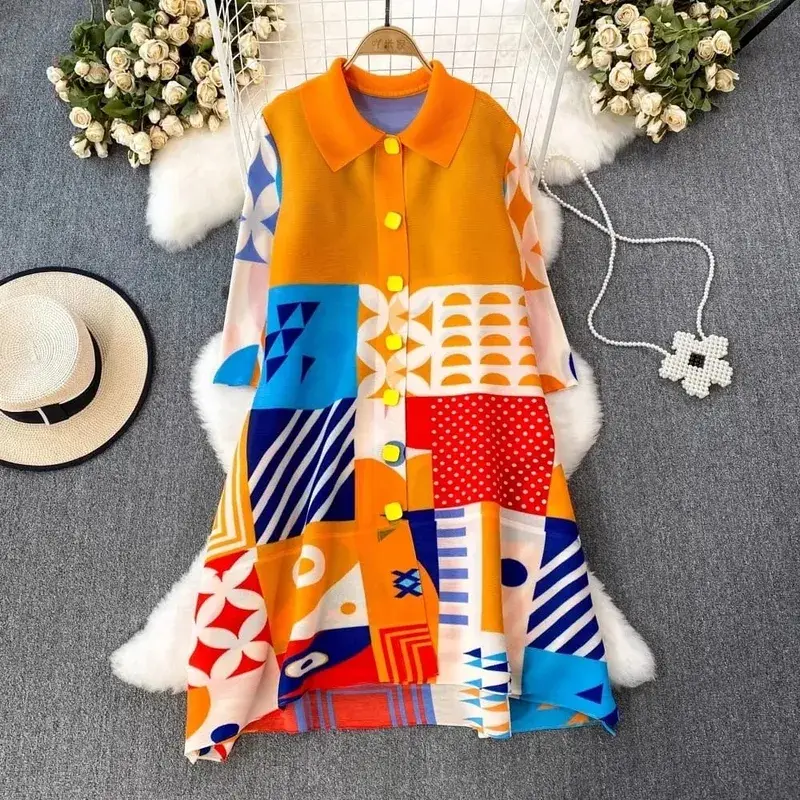 Miyake Abito drappeggiato a pieghe Donna 2024 Primavera Estate Colorblock Stampa Risvolto Manica 3/4 Abiti camicia monopetto moda