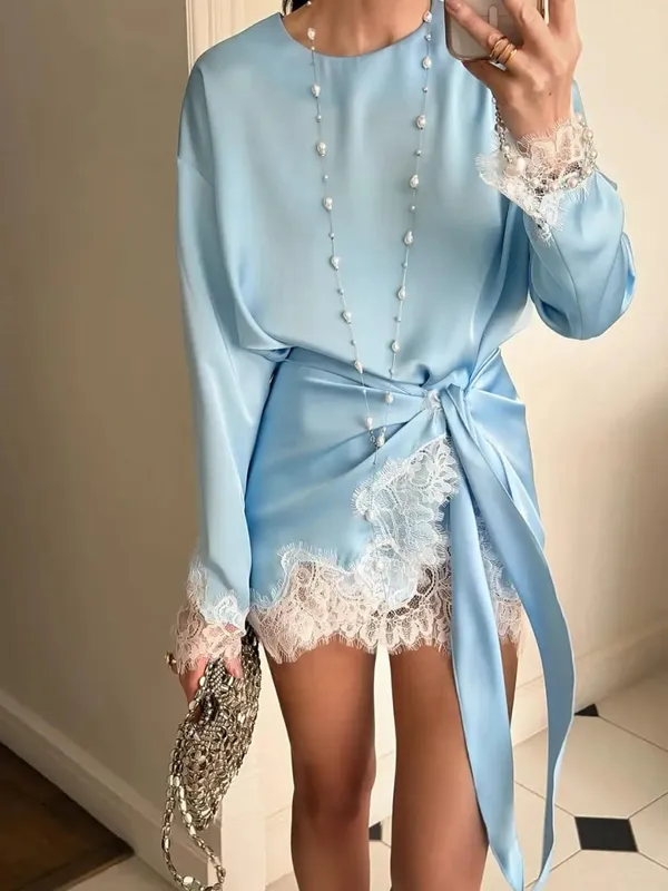 Women Elegant Lace Patchwork Lace-up Dress Solid Round Neck Full Sleeve Satin Loose Mini Dresses 2026 Spring Party Club Vestido