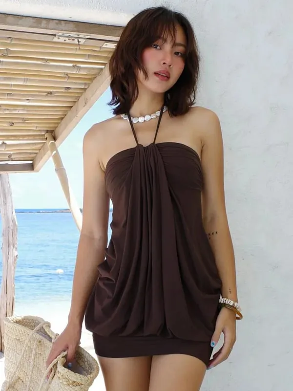 Dulzura Sexy Mini Halter Ruched Backless Short Dress Solid Sleeveless Women Dresses Summer Lady Party Birthday Club Clothes Y2K