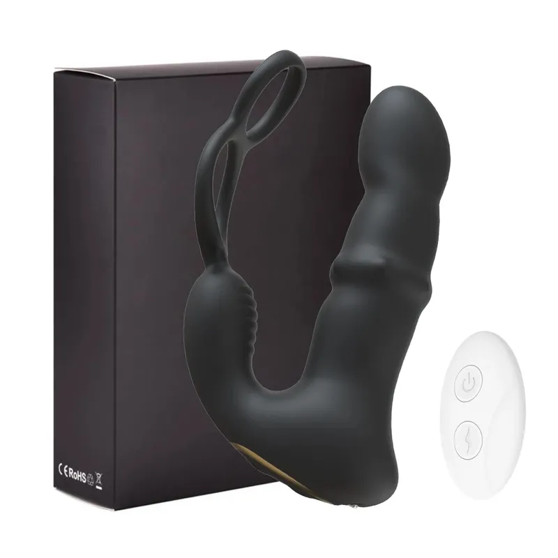 9 Wiggling Thrusting Beads Prostate Massager Vibrating Butt Plug with Penis Ring Vibrator Anal Dildo Prostate Stimulor for Men