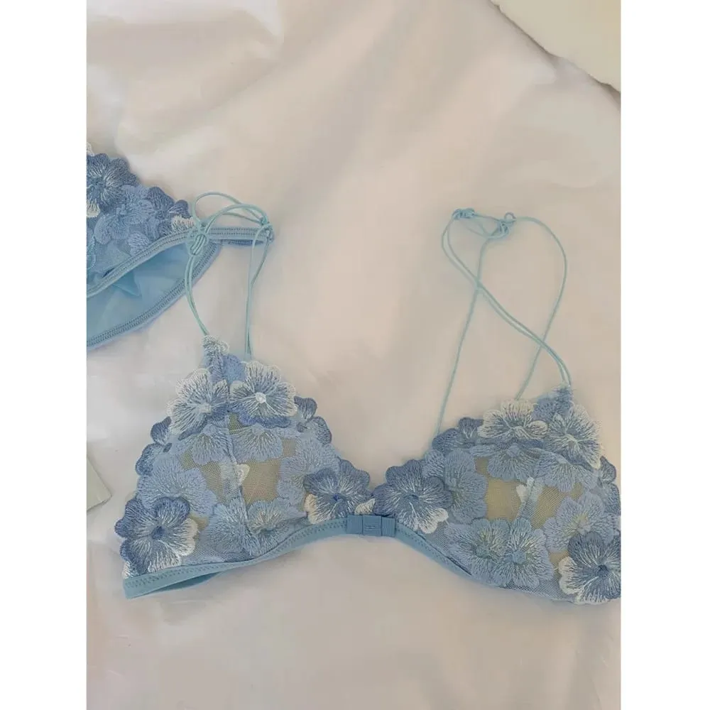 French Romantic Flower Embroidery Sexy Women's Bra Set Thin Straps Lace Seamless Underwear Set Mesh Hollow Out Lingerie