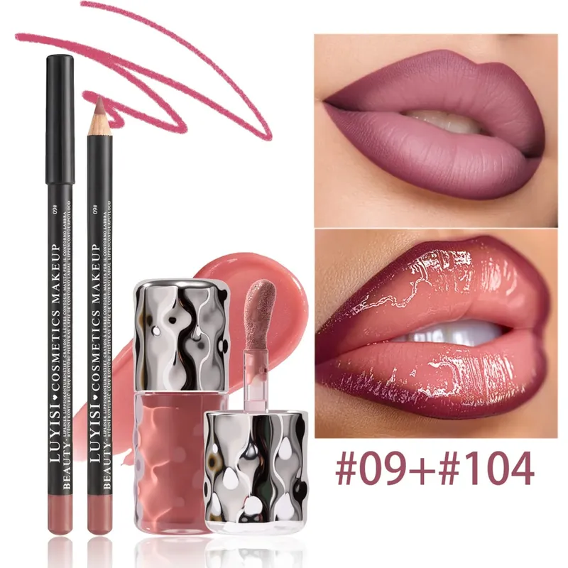 Dairy Lip Kit Set-1pc Matte Lip Liner+1pc Hydrating Lip Gloss Assorted Color Velvet Definition&Glassy Shine Nourishing Formula