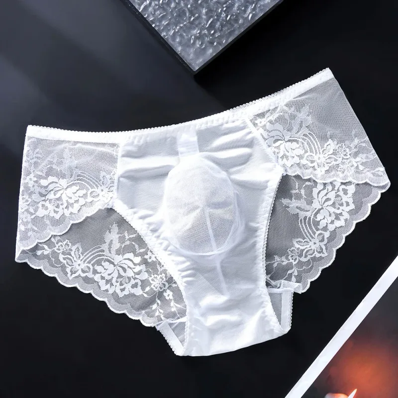Cuecas masculinas de renda sem costura cuecas de seda gelada 3D bolsa com protuberância calcinha gay de cintura baixa