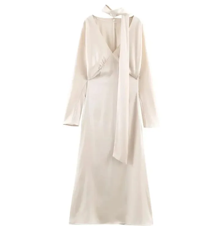 2026 New Scarf Solid Elegant Maxi Dresses Women Spring V Neck Long Sleeve Club Party Long Dress Female Chic Slim Fit Dresses — image 8