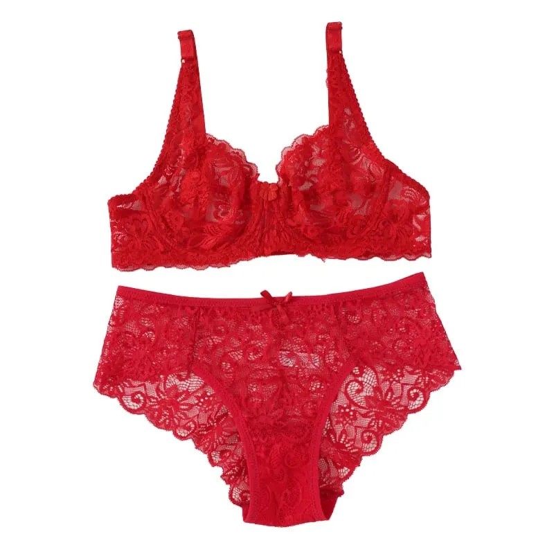 Women's Sexy Lace Thin Bras Suit Non-pad Exquisite Push-up Bra Solid Breathable Underwire G-String Panties Underwear Set