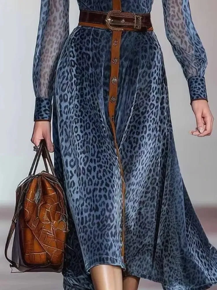 ผู้หญิงElegantชุดเสือดาวพิมพ์ชุดตาข่ายColorblockปกเดี่ยวBreasted Vintage Chicแขนยาวชุด