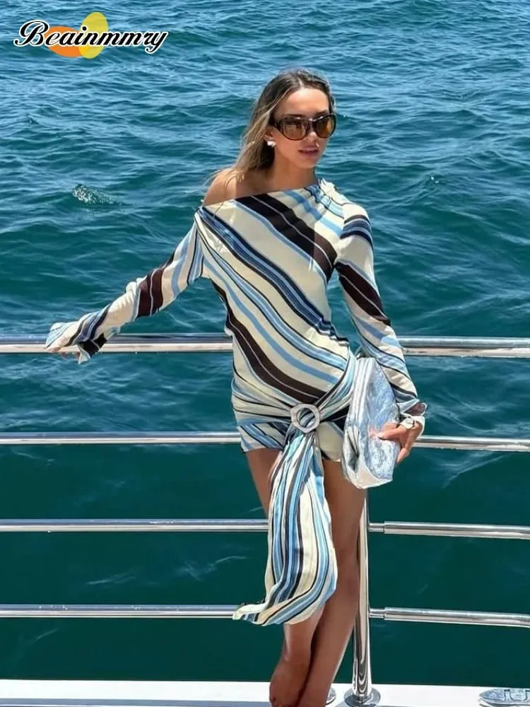 Vestido a rayas de manga larga para mujer, minivestidos suaves de cintura alta elásticos para playa, diario, informal, con cordones, para vacaciones, 2026
